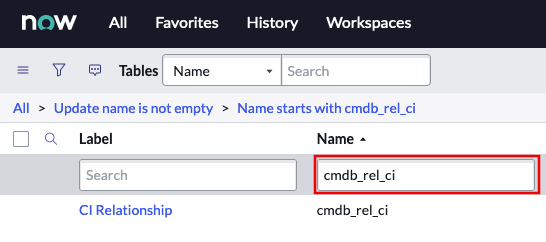 Find cmdb_rel_ci in the Tables list