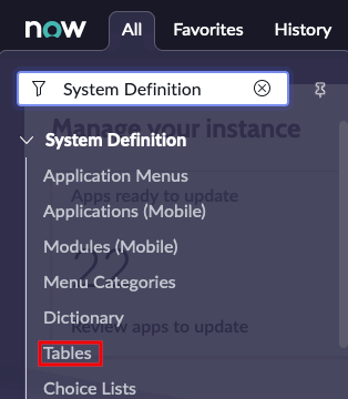 Open the Tables list under System Definition